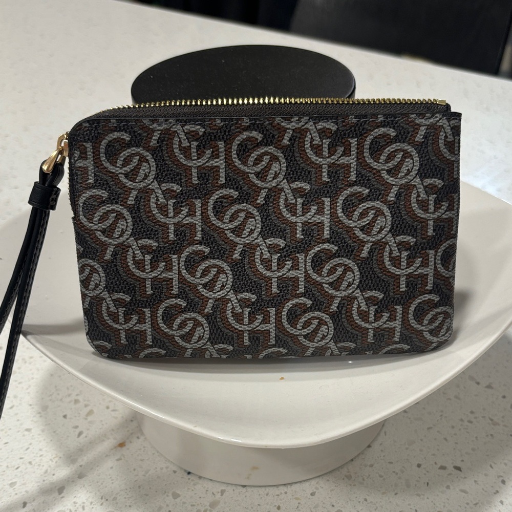 Coach Brown Logo Zip Wristlet with Black Tassel